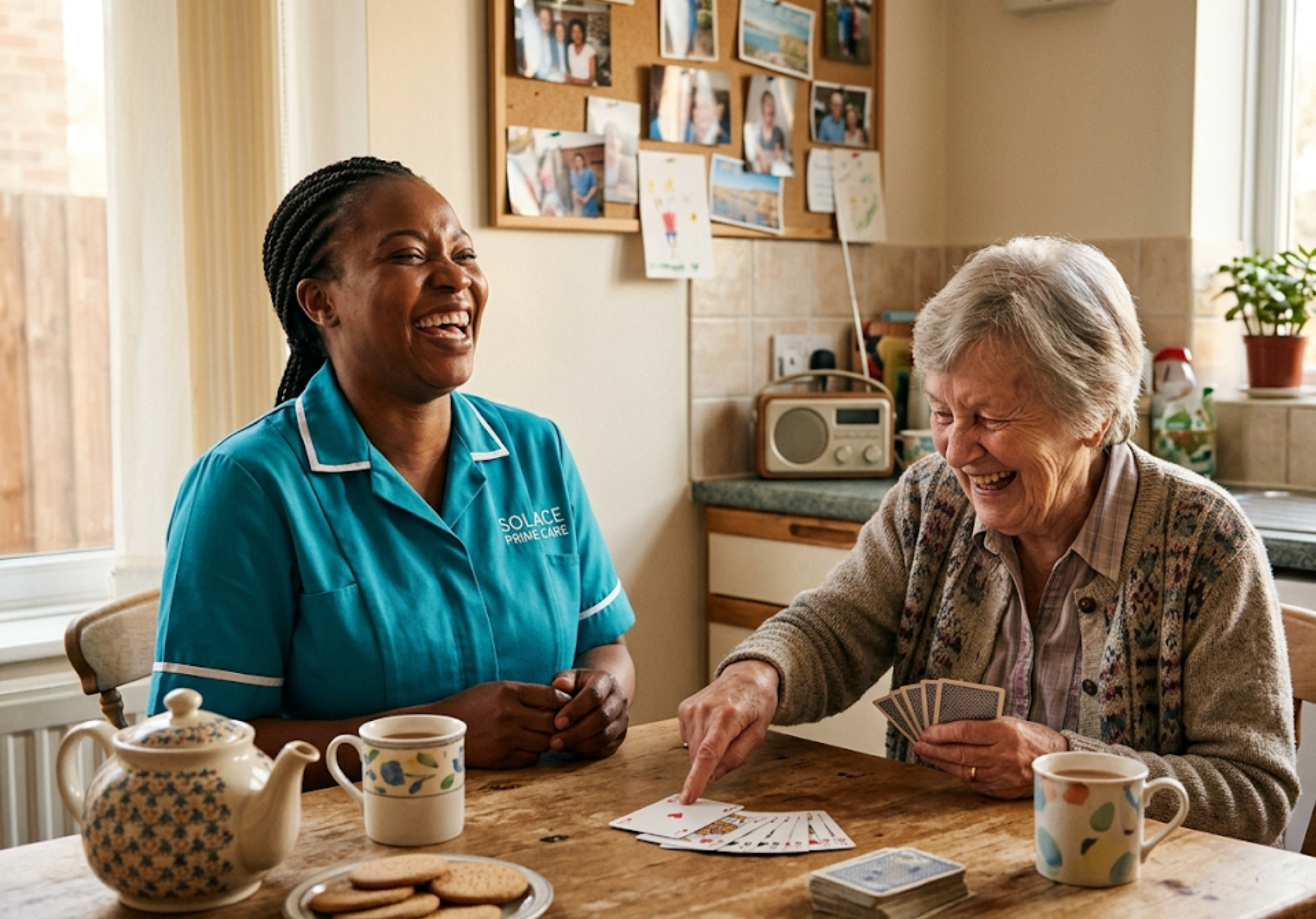 Solace Prime Care companionship carer laughing with an elderly client over a card game in her Sheffield kitchen — genuine, joyful companionship care at home across South Yorkshire